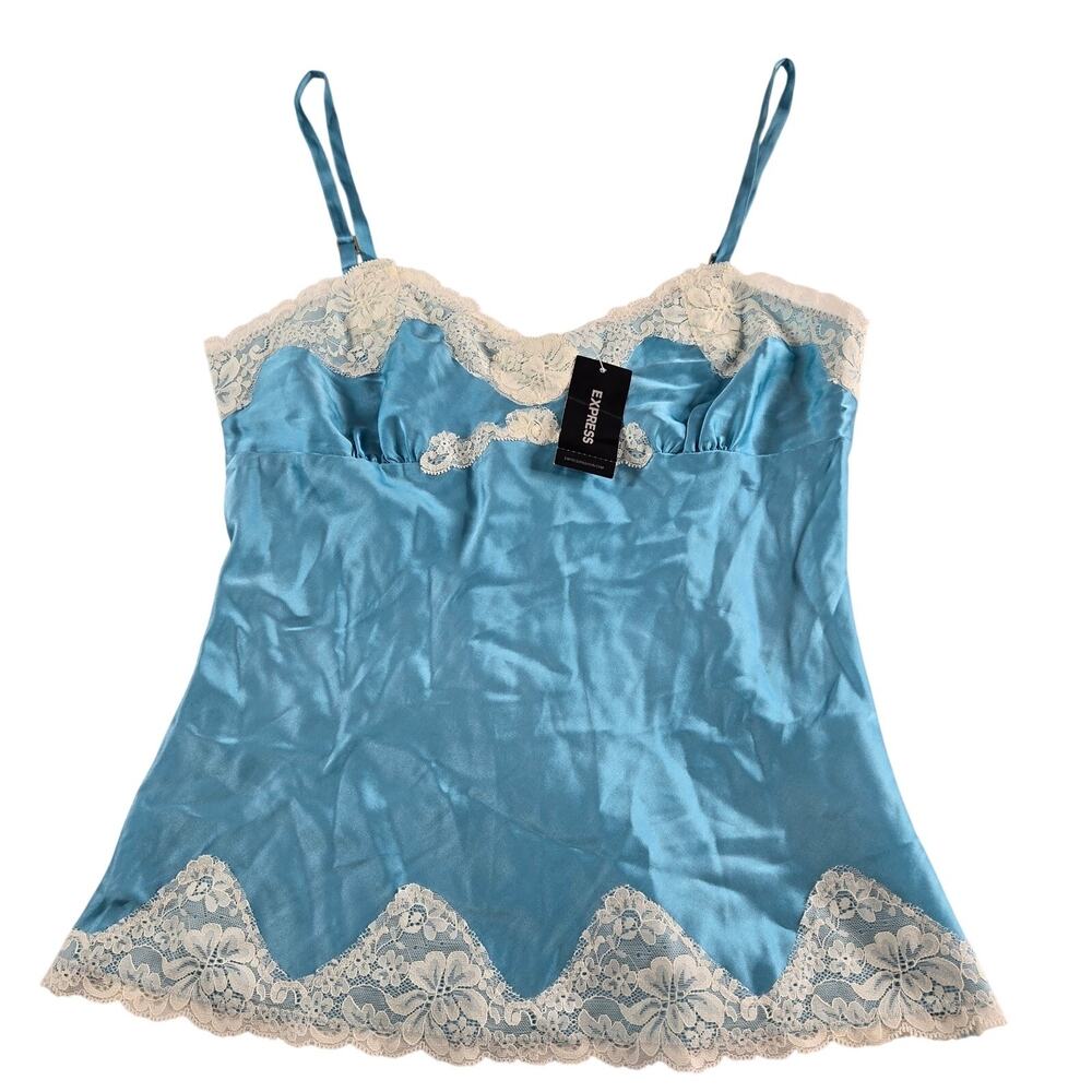 Vintage Express Camisole Tank Top Blue Ivory Size Small Silk Satin Y2K NWT
